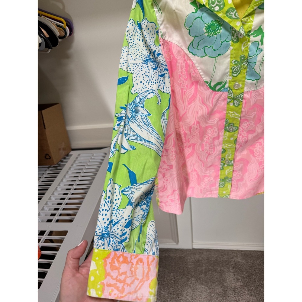 Lilly Pulitzer Shirt Women L Multicolor Devereux VTG Patchwork Floral Western - Picture 4 of 11